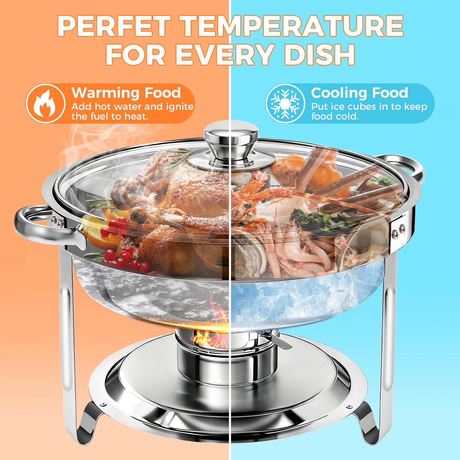 Chafing Dish Buffet Set Stainless Steel 316 5L Round Chafers BBQ Party W/Lid Food Servers and Warmers Fuel Holder for Party Catering Wedding