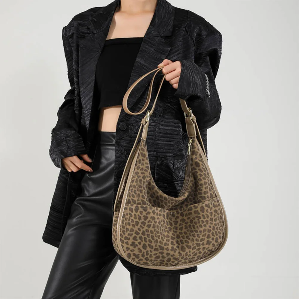 

Women Suede Crossbody Bag with Multi-Pocket Tote Bag Leopard Print Messenger Bag Adjustable Strap Hobo Bag for Work Travel