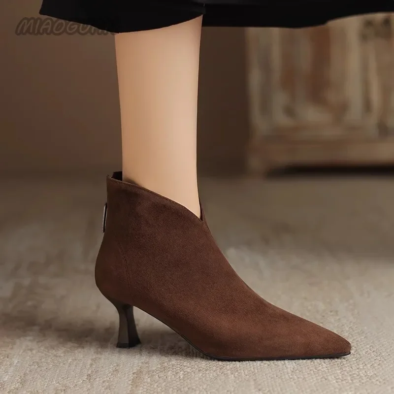 Pointed Toe Booties Elastic Suede Short Shoes for Women Elegant with Low Heels Female Ankle Boots Autumn Solid Botines Footwear