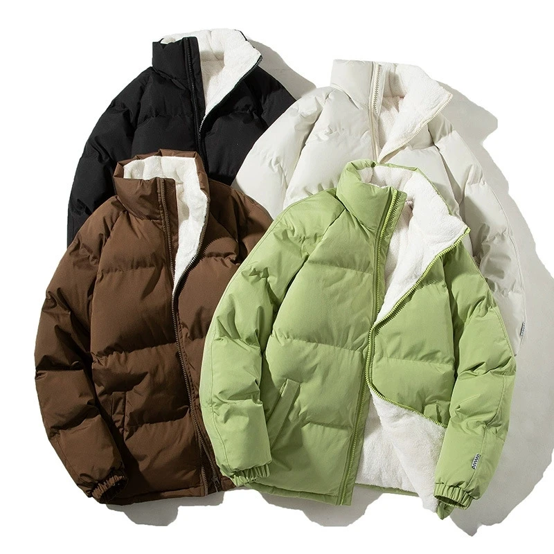 Winter Down Cotton Jacket Men Solid Color Casual Thicken Inside Fleece Warm Parkas Men's Loose Zipper Stand-Up Collar Parka Coat