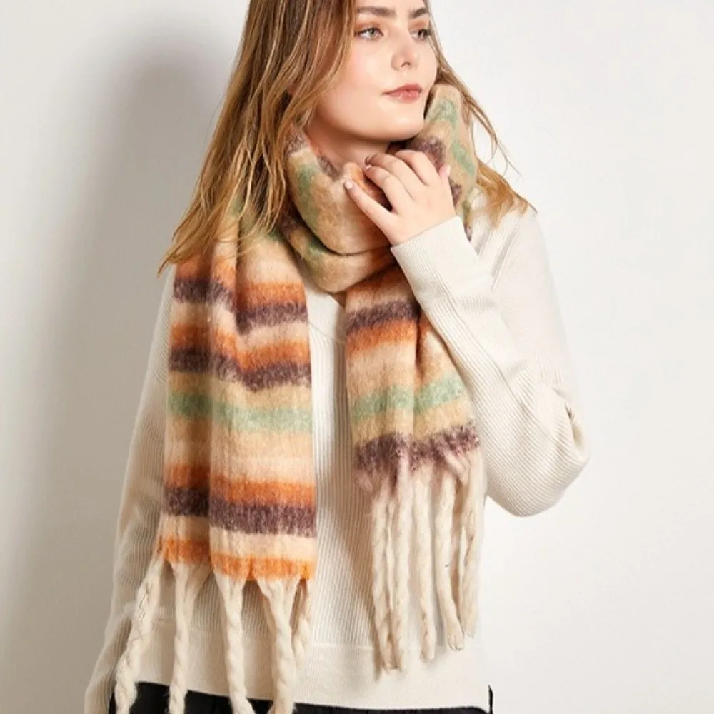 Eleganter Regenbogen-Streifen Wollschal mit Quasten, Plüsch-Winter-Kaschmirschal, Mohair, Warmer Langer Schal für Herren – Detail 4