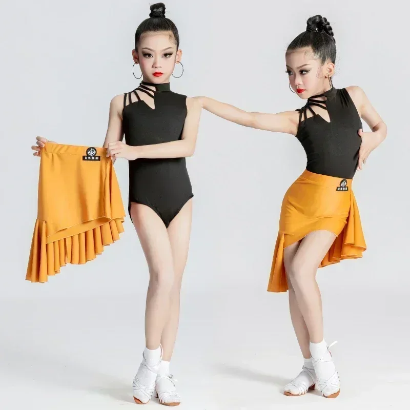 

Summer Children Latin Dance Clothing Girls Competition Training Clothes Latin Dance Performance Skirt Split Suit