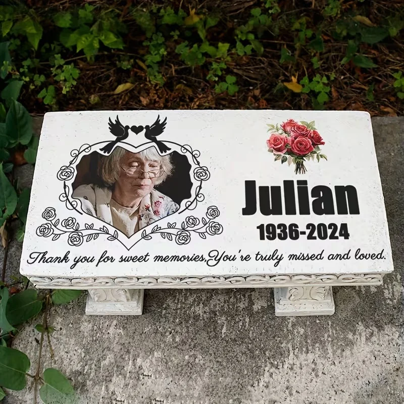 Custom Pet Memorial Bench Printed Custom Word and Picture,White Resin Grave Marker for Garden to Commemorate the Deceased Kitten