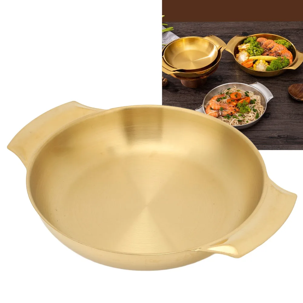 Sartén de paella de acero inoxidable resistente al calor, sartén dorada con doble asa segura, tazón para fideos instantáneos, olla caliente para mariscos