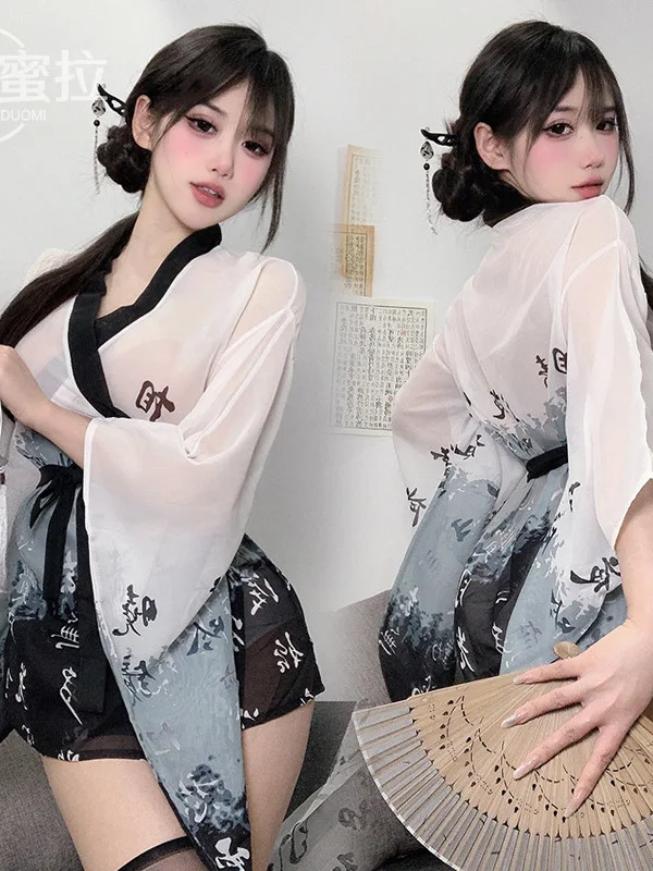 Chinese Style Retro Hanfu Printing Perspective Gauze Lace Up Retract Waist Dress Summer Fashion Perform Comfort Dresses New 0ET2