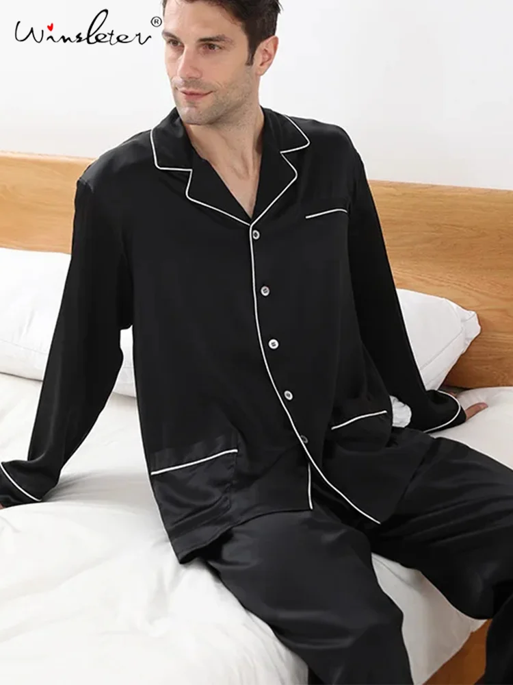 

Long Sleeve Satin Lapel,19MM 100%Real Silk Pajamas Set for Men,Fashion Casual Homewear,2024 Spring New Sleepwear,S41067QM