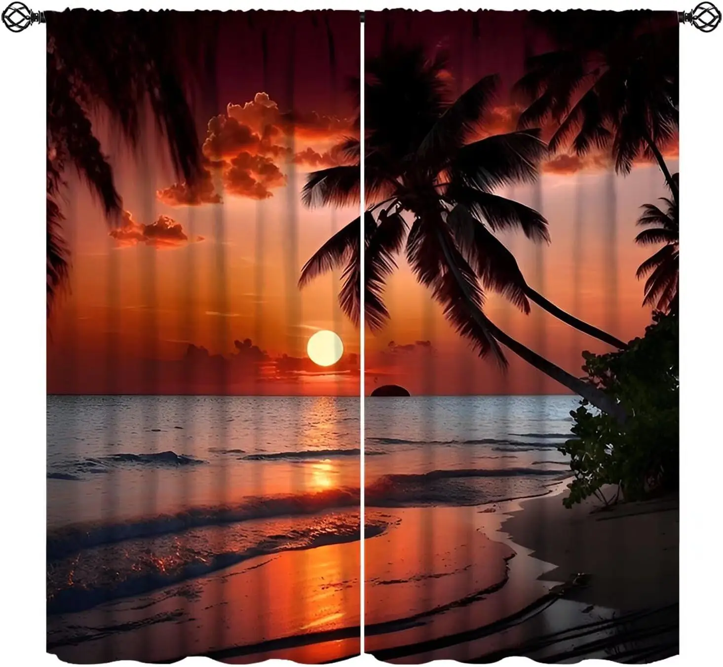 Beach Sunset Curtains for Kitchen, Summer Ocean Palm Tree Tropical Desert Island Orange Sunset Scenery Window Drapes for Bedroom