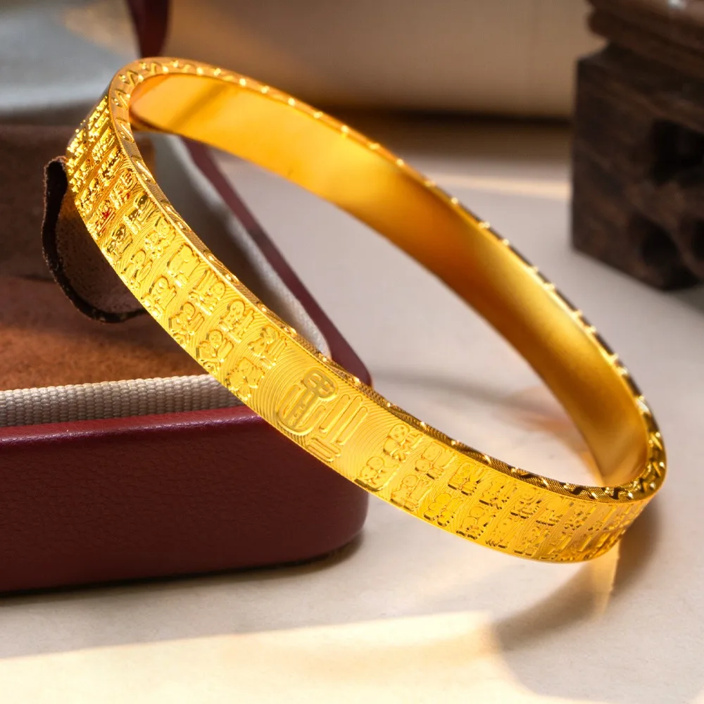 Flashy Chinese New Year lucky character bracelet in retro style with multiple auspicious symbols 9999gold