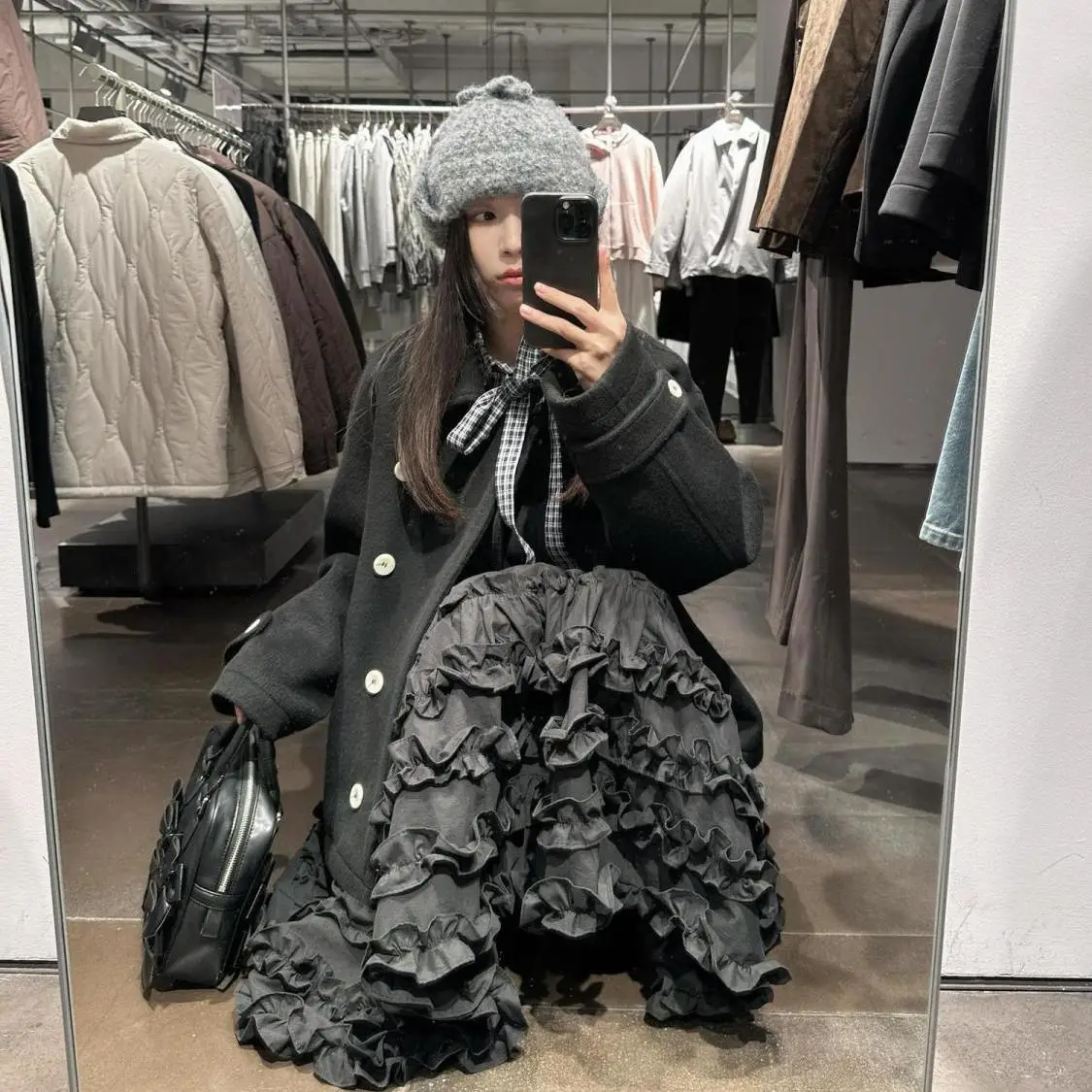 Gray Y2K Cake Half Skirt Women's Mid-Length Heavy Embroidery Autumn Fashion Vintage Style Pleated Skirt Standard Fit