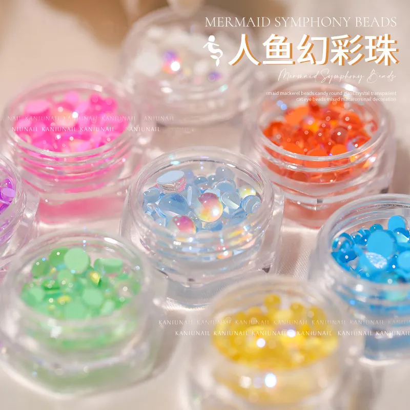 1Box Size Mixed Aurora Fantasy Mermaid Beads Nail Art Decoration Summer Parts Colorful Macaron Mermaid Bubble Beads Nail Charms