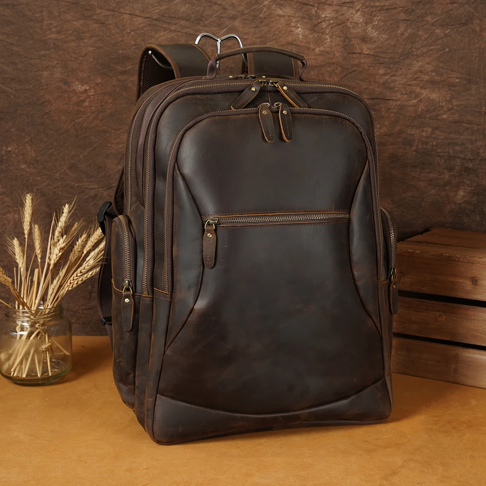 High Quality Ize Vintage Genuine Crazy Horse Leather Backpack Bag Laptop Real Leather Computer Bag Backpack