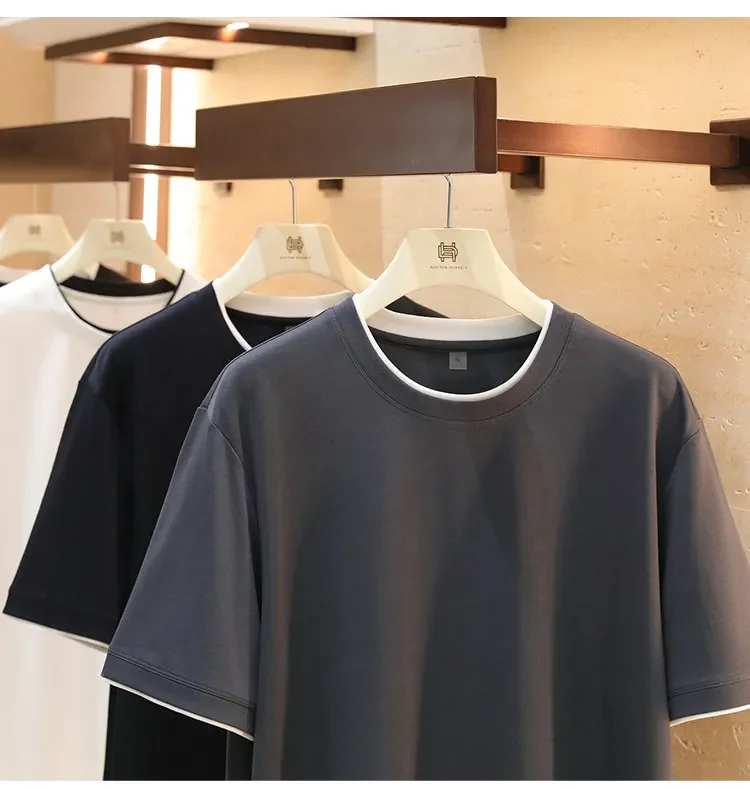 Solid color evergreen 2026 summer new modal blend contrasting color double-layer collar fake two-piece short-sleeved T-shirt