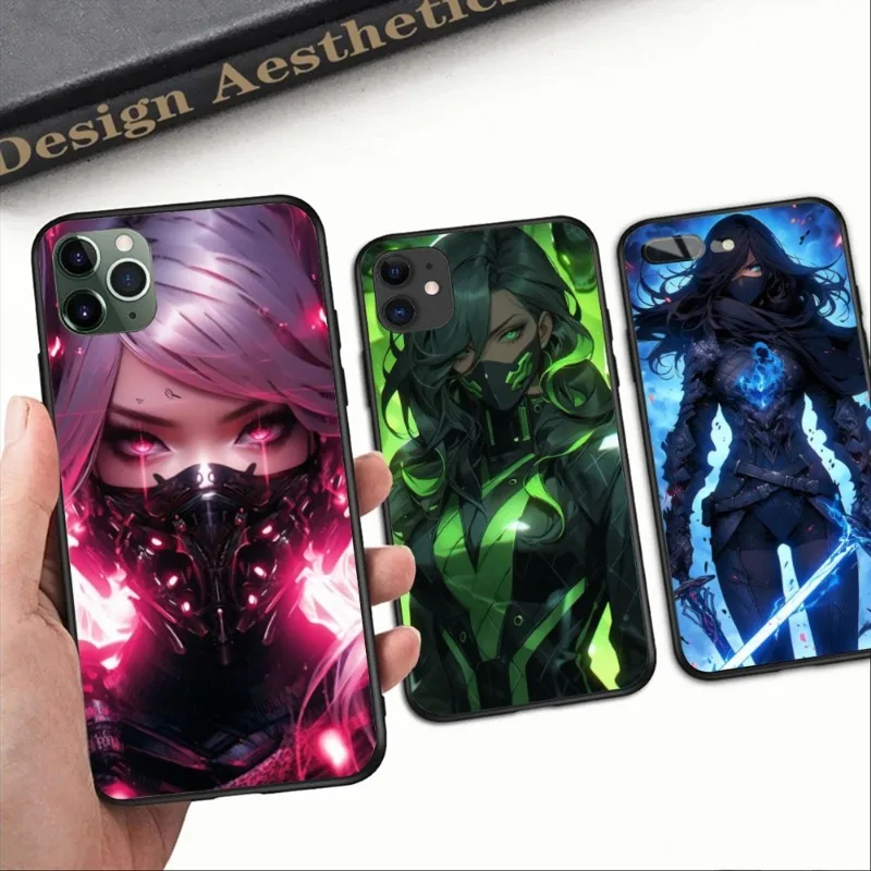 Worrier Girl Mobile Cell Phone Case for iPhone 15 14 13 12 11 XS X 8 7 6 Plus Mini Pro Max SE 2022 Black Soft Phone Cover Funda