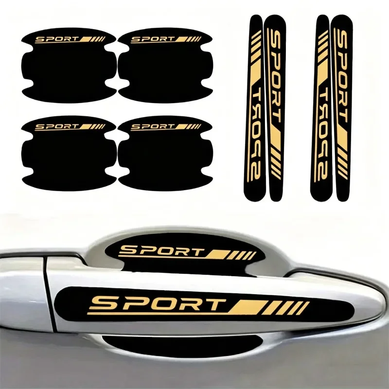 8Pcs/Set Gold Print Racing Letter Door Handle Bowl Guard Vinyl Sticker Black Base Waterproof Exterior Decal