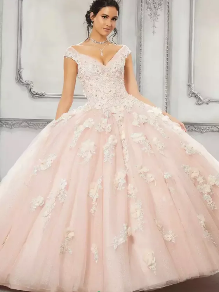 

2023 New Pink Cheap Quinceanera Dresses Ball Gown V-Neck 3D Flower Applique Off The Shoulder Tiered For Sweet 16 Dresses