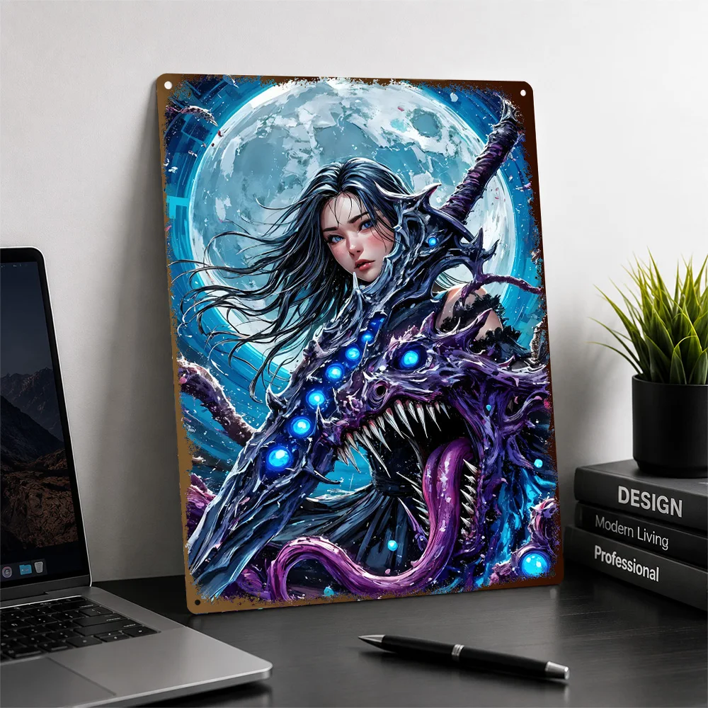 Fantasy Warrior With Monster Sword Textured Poster Personalized Aluminum Metal Sign Dark Gothic Style Wall Art Game Room Decor