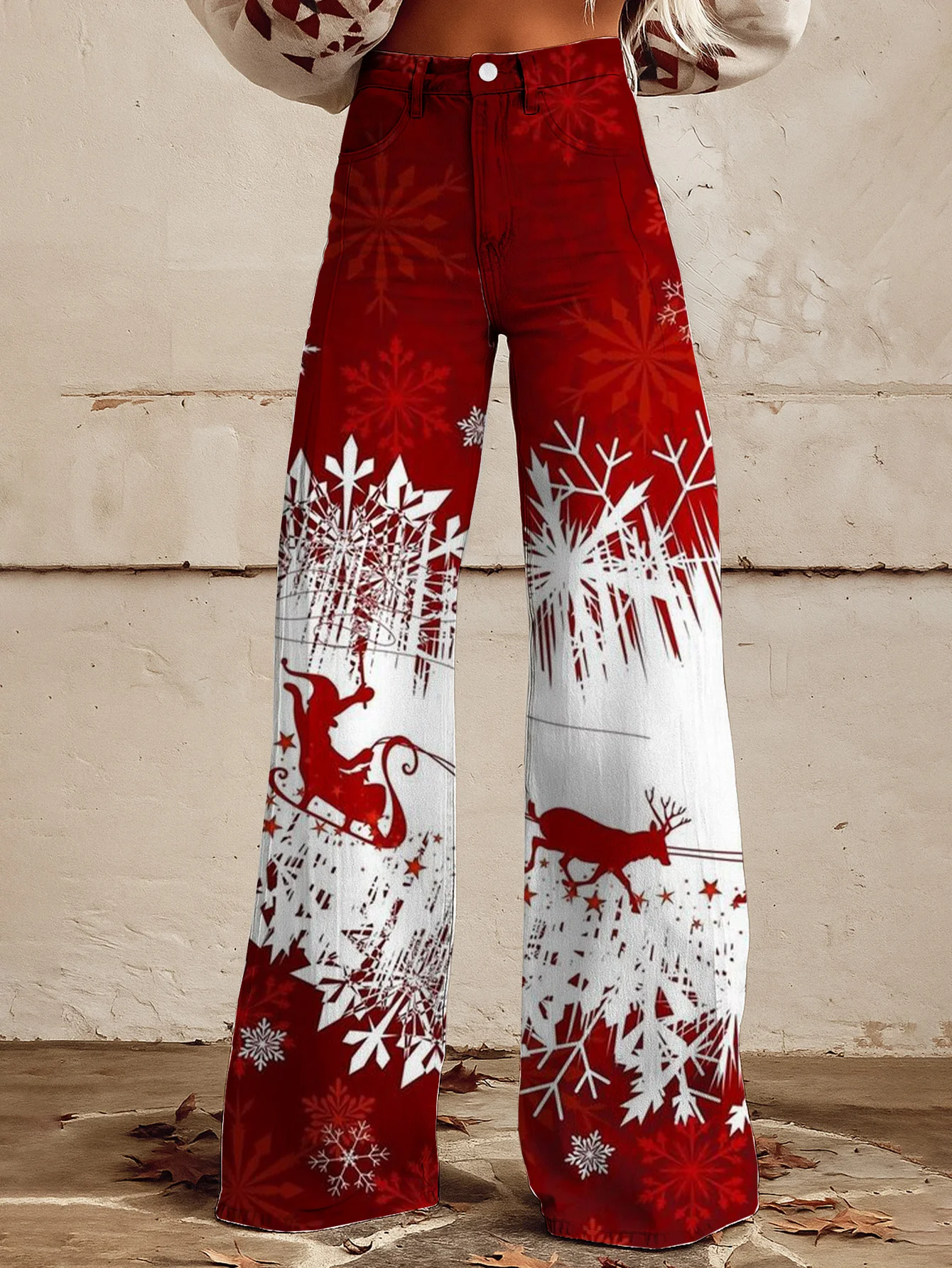 Christmas ladies' new printed retro jeans, imitation denim fabric, casual and fashionable patterns, diverse pants
