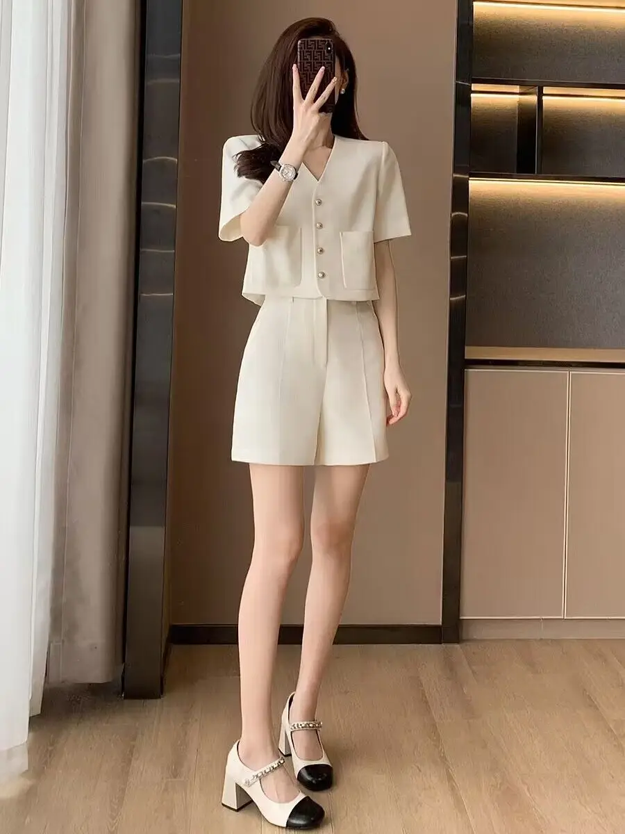 New High End Small Fragrance Summer Two Piece Sets For Women V-neck Short Sleeve Shirt Top + Wide Leg Shorts Suits Office Lady
