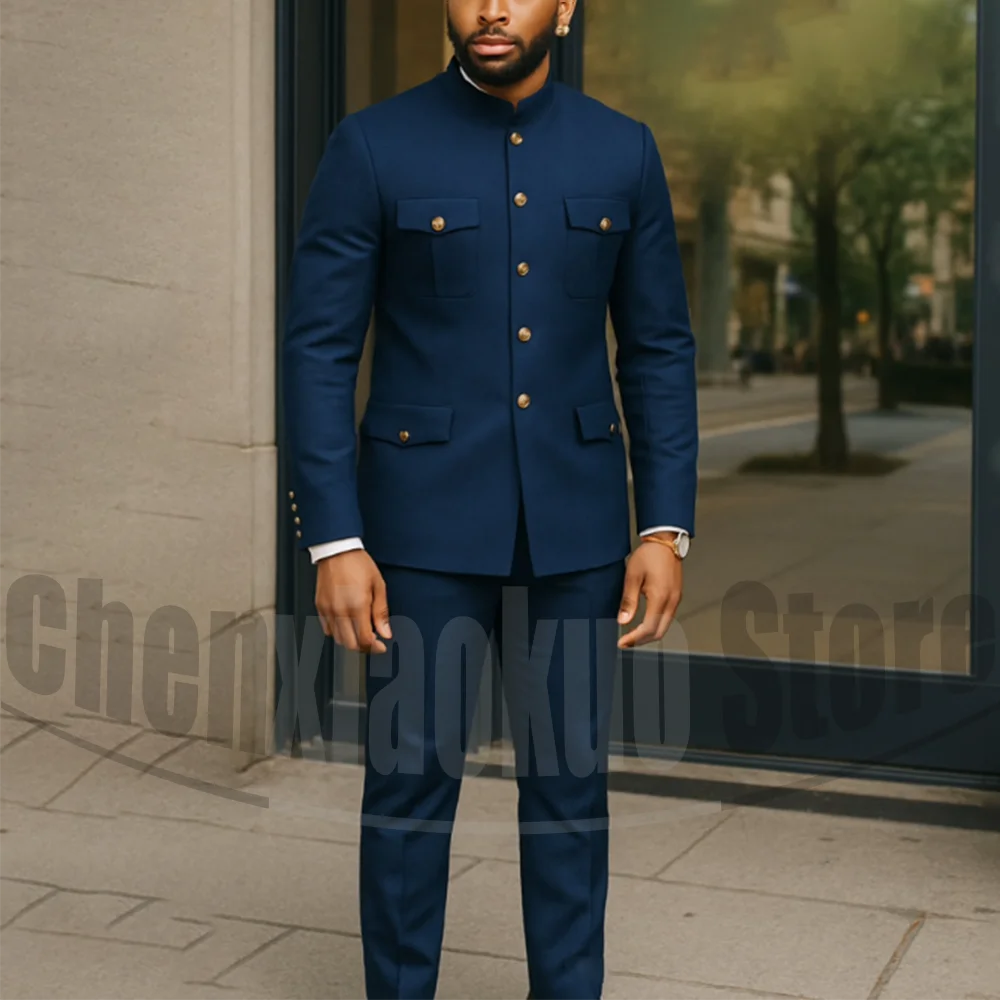 

Мужской костюм с воротником-стойкой, элегантный деловой свадебный наряд, модный однобортный повседневный мужской костюм из двух предметов