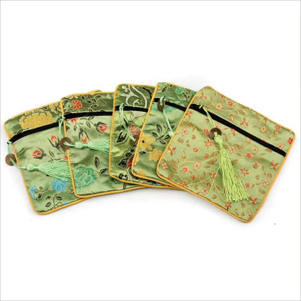 

Tassel Mini Embroidery Canvas Coin Purse Dragon Square Flower Jewelry Packing Bag Small Handbag Korean Style