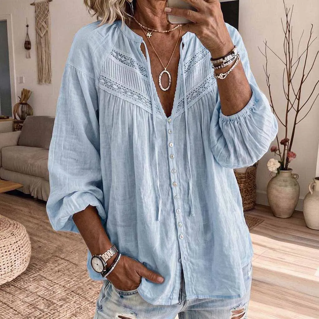 Bohemian Lace Patchwork Lantern Sleeve Blouse Top Cotton Linen Shirt Spring Summer Boho Tops