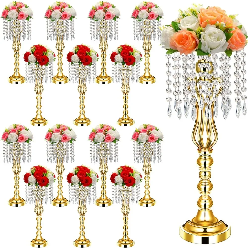 16 Pcs Wedding Centerpieces for Tables,Vase Centerpiece with Chandelier Crystal,Tall Flower Vases  Party Home Decoration (Gold)