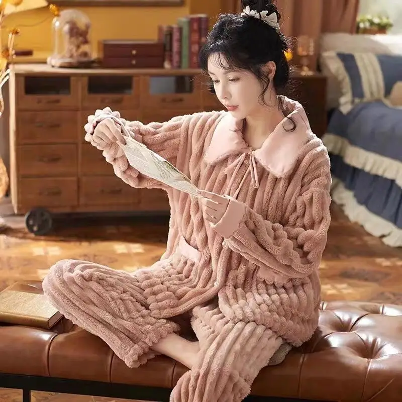 

Женские пижамы, домашняя одежда, пижама для девочек, фланелевая утолщенная домашняя одежда из кораллового флиса, женская милая ночная рубашка, верхняя одежда, осень-зима