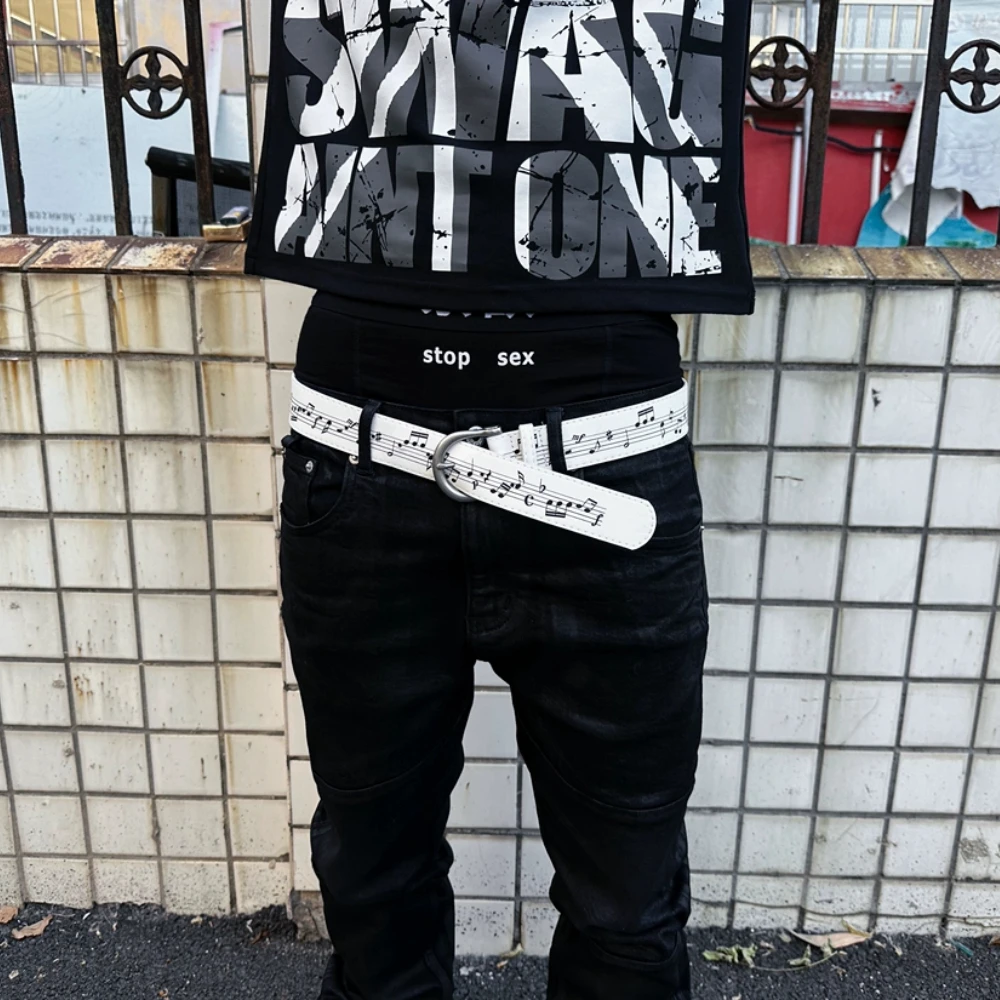 Y2K Millennium Subculture Retro Belt Musical Note Print PU Leather Punk Gothic Men Belt Party Performance Trendy Accessories