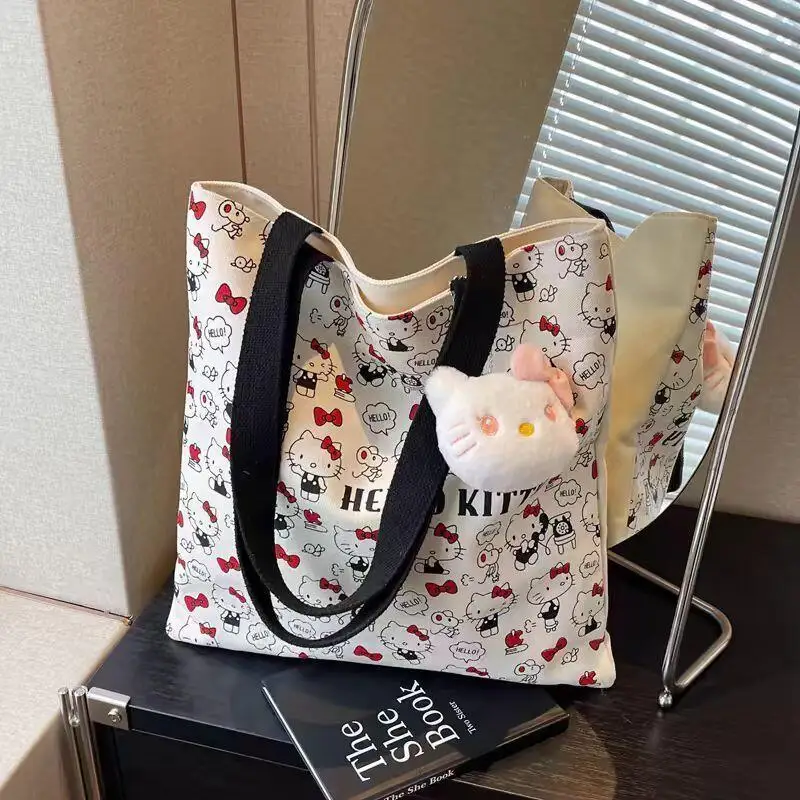 Sanrios Hello Kittys New Cartoon Tote Bag Cute Versatile Large Capacity Book Loading Student Book Loading Commuting Canvas Bag
