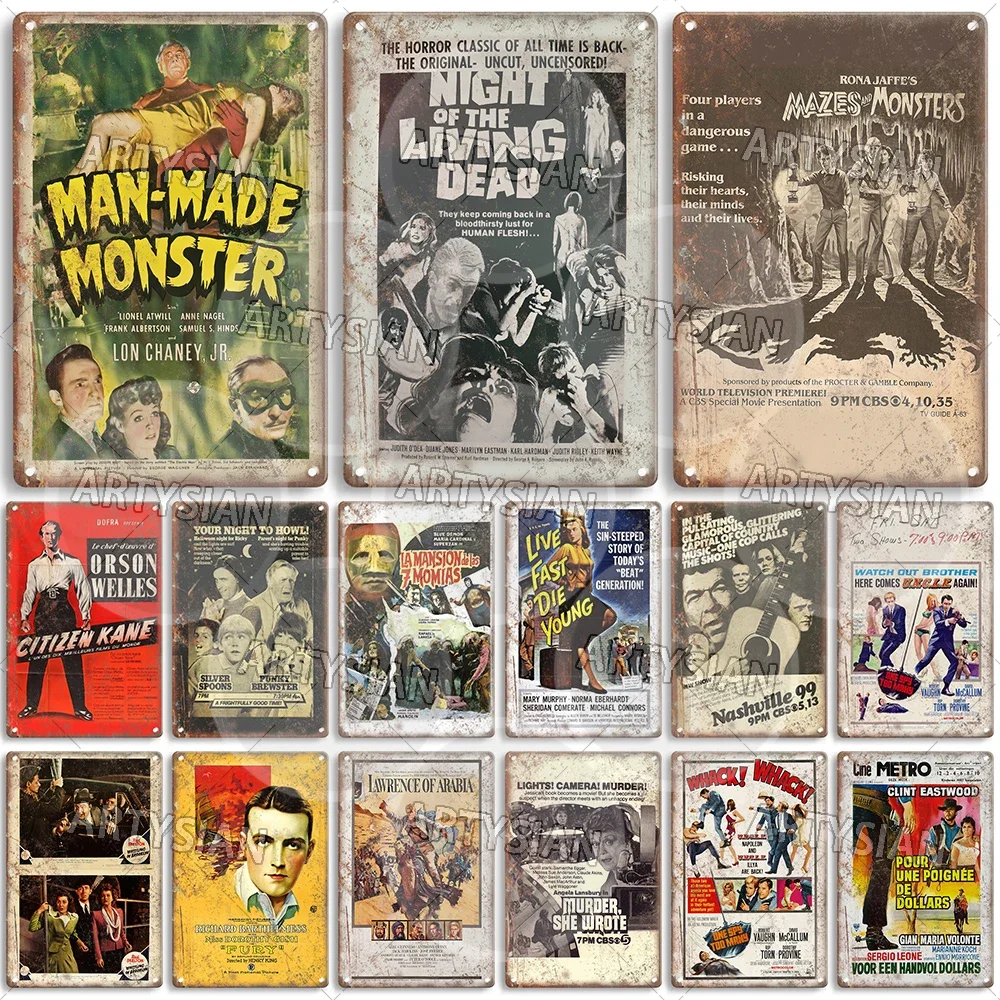 Movie Metal Sign Man-Made Monster Night of the Living Dead Mazes and Monsters Citizen Kane Liston vs. Clay Lawrence of Arabia