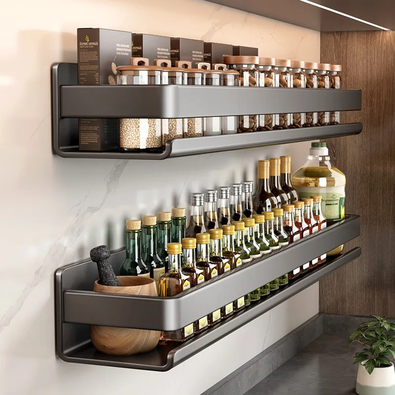 Kitchen Wall-Mounted Spice Rack Sun Protection Sleeve Cover No Drilling Gun Grey Condiment Storage Shelf Open Display Carbon ...