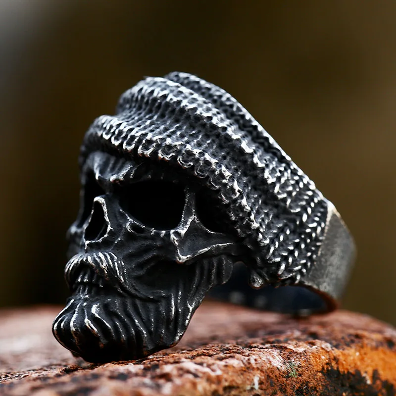 BEIER 2022 New Arrival Vintage Stainless Steel Beard Wearing Hat Skull Ring Old Man Biker Hip Hop Jewelry For Men