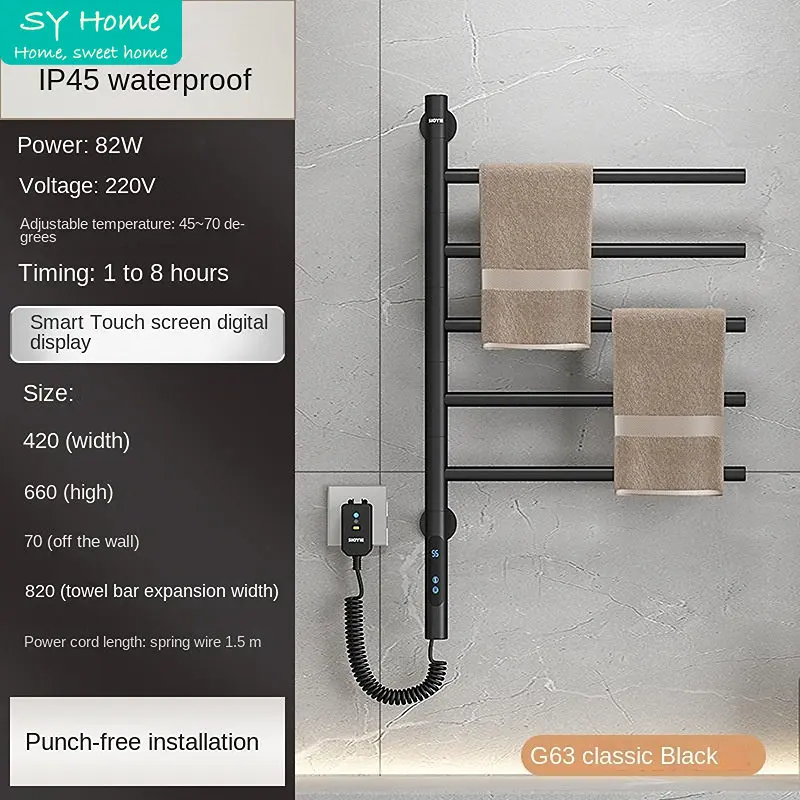 Carbon Fiber Electric Towel Dryer Intelligent Digital Display Wifi App Remote Control Nail-Free Rotatable Bathroom Warmer Rack