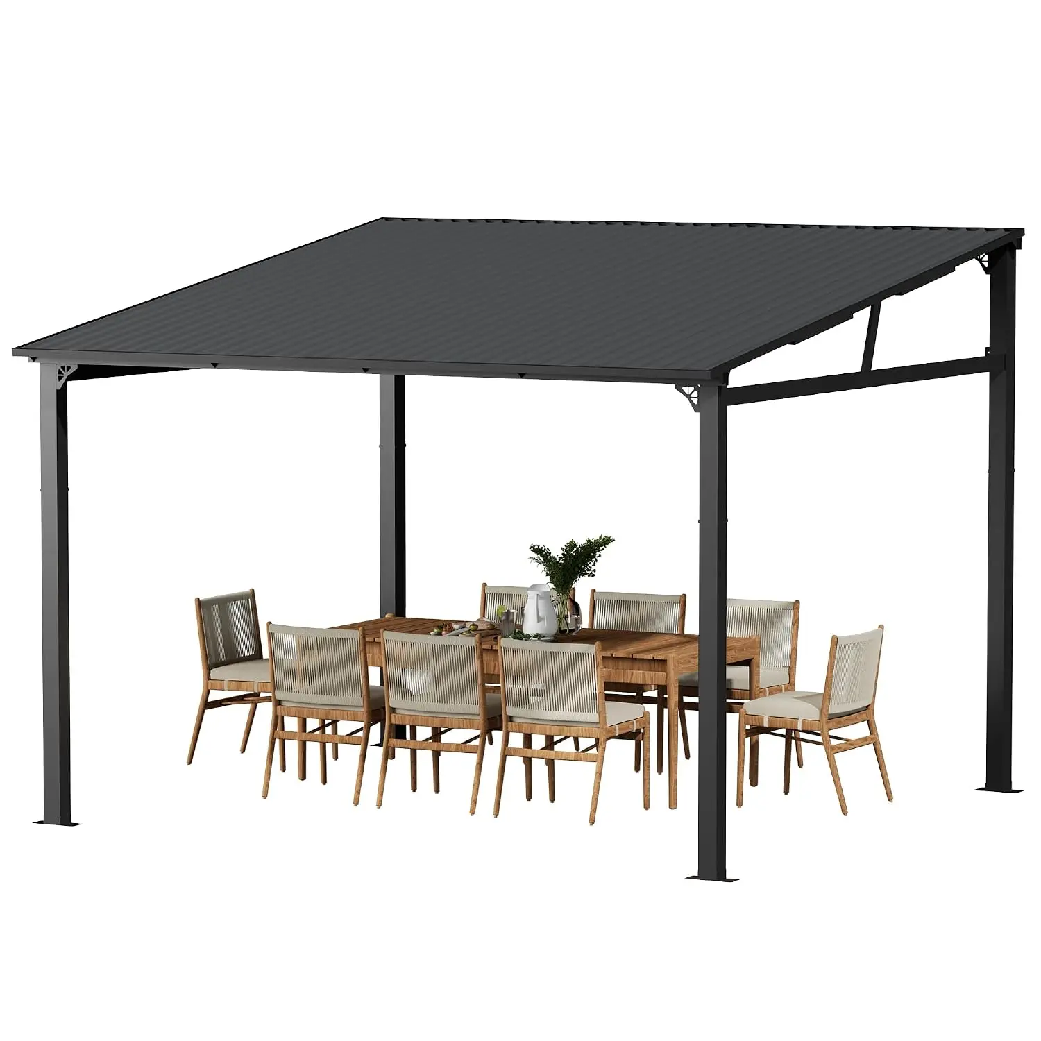 12x12ft Wall Mounted Pergola with Galvanized Steel Roof & Metal Hardtop Canopy for Patio Deck, Customized