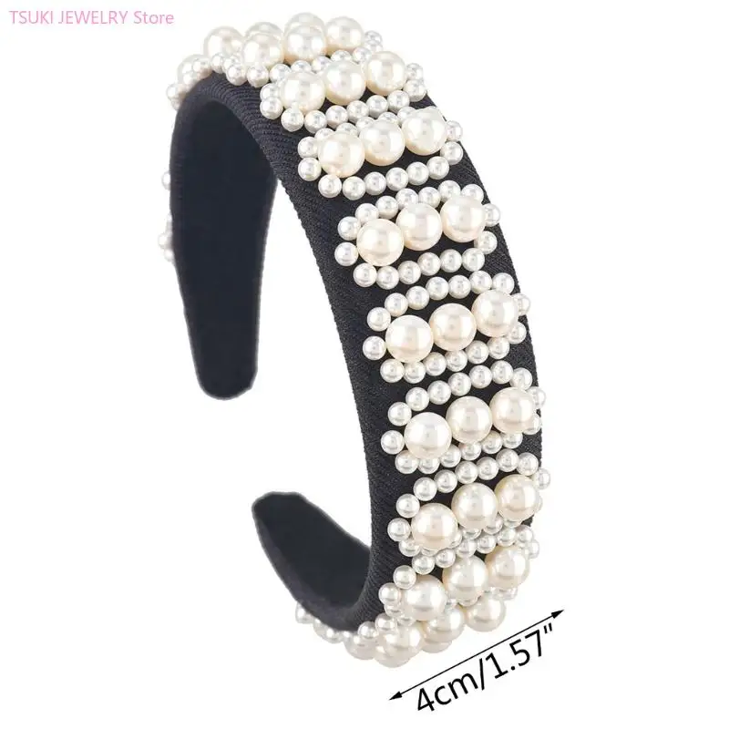 62KE Wedding Headband Wide Headband Pearl Hair Hoop BRIDAL Headband Pearl