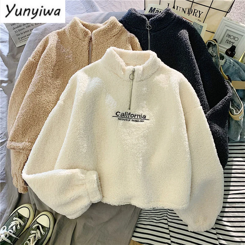 Cashmere Short Coat Fashion Women Letter Stand Collar Zipper Thick Loose Winter Pullover Sweatshirt Embroidery Female Tops