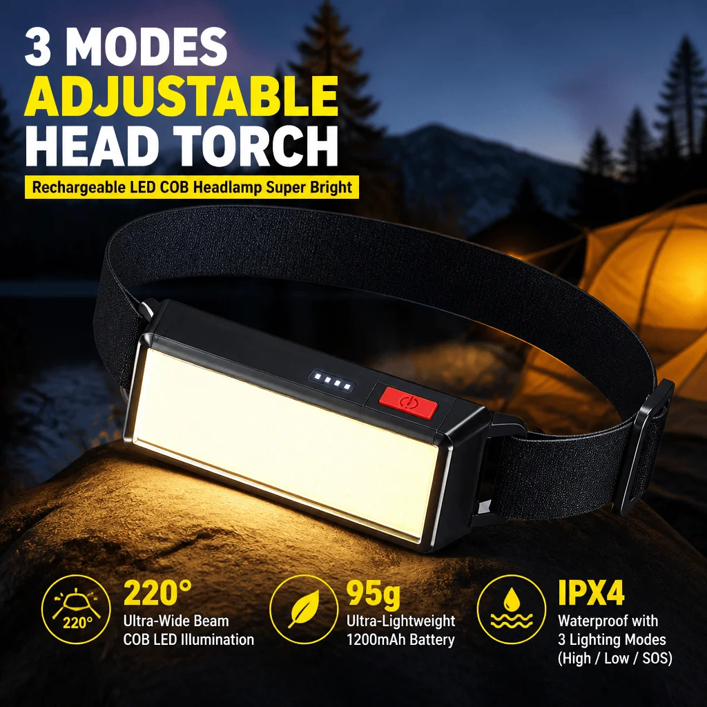 Cob Led Headlamp Rechargeable IPX4 Waterproof 220° Wide Beam Head Torch USB Charging Headlight Lightweight Outdoor Camping Light