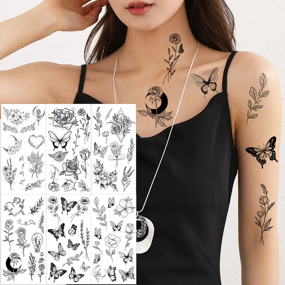 6Pcs Flower Temporary Tattoos for Hand Body Floral Butterfly Feather Tattoo Sticker for Women Men Finger Fake Tattoo Waterproof