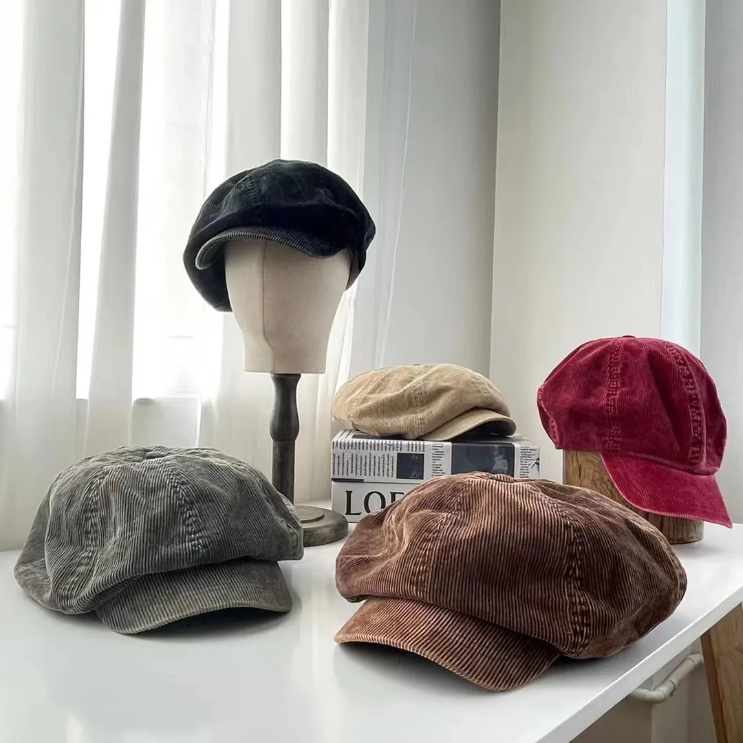 Y2K-gorros octogonales de pana Retro para mujer, gorro de otoño e invierno, cálido, literario, Newsboy