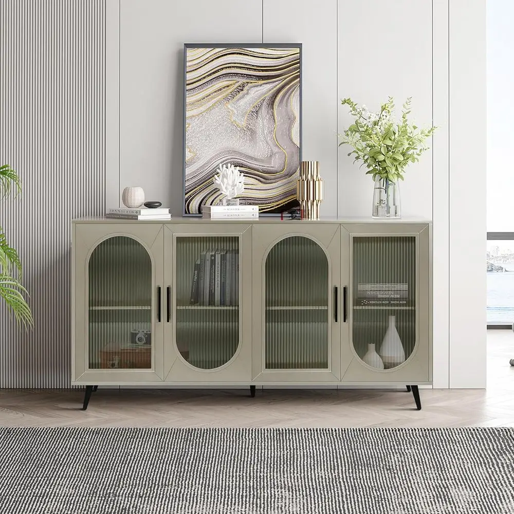 

Gold-Plated Glass and Wood TV Stand with Storage and Adjustable Shelves for 65+ Inch TVs, Media Table for Living Room or Bedroom