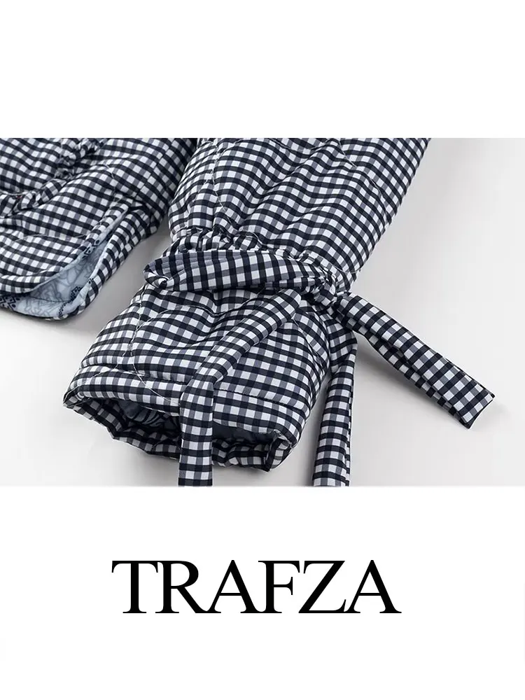 TRAFZA-Jaqueta de Algodão Xadrez Reversível Feminina, Gola Redonda, Decorada com Renda, Single-Breasted, Retro, Elegante, Inverno