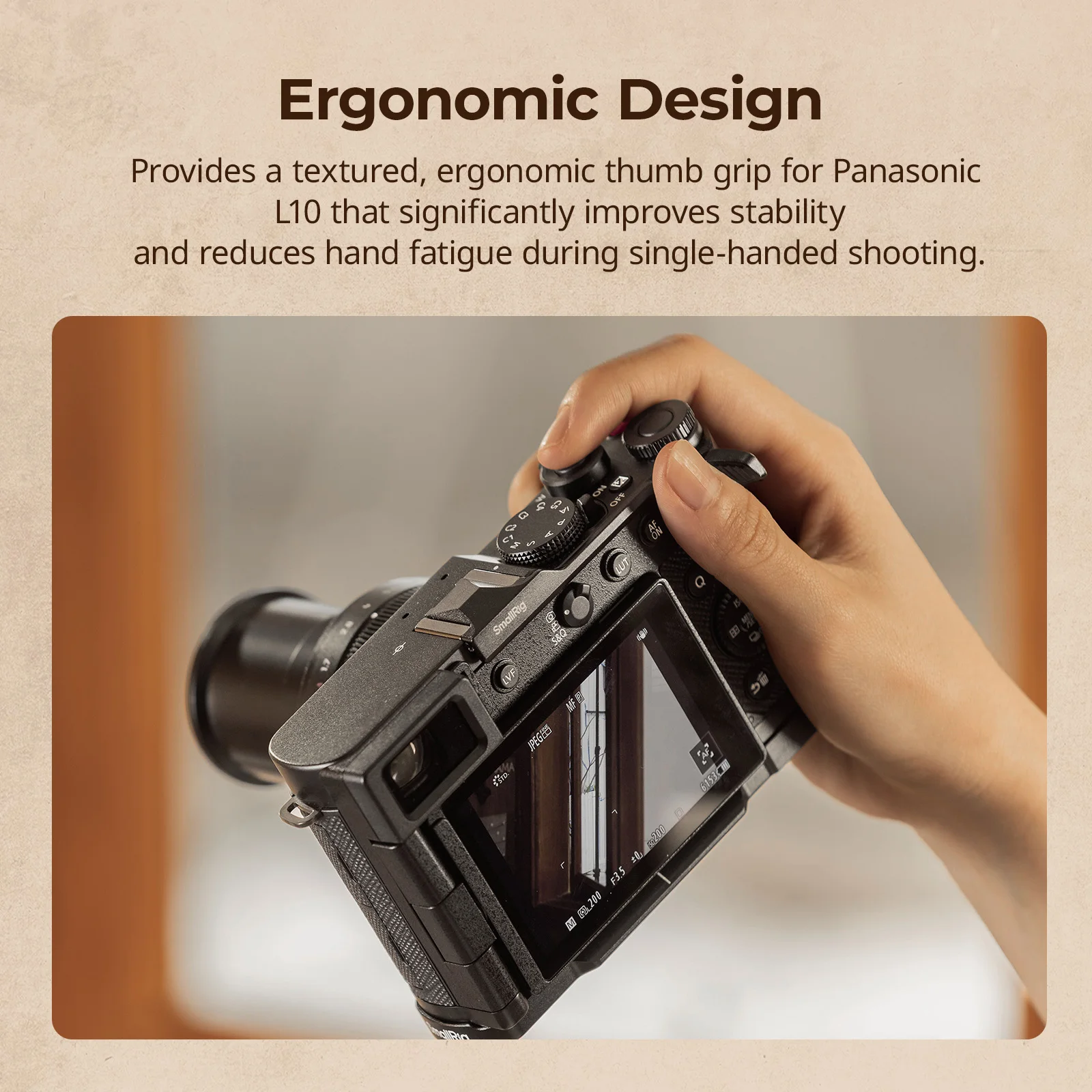 Uchwyt na palec SmallRig do Panasonic LUMIX L10, srebrno-czarny, z silikonowymi nakładkami, chroni korpus aparatu, poprawia stabilność. — zdjęcie produktu 2