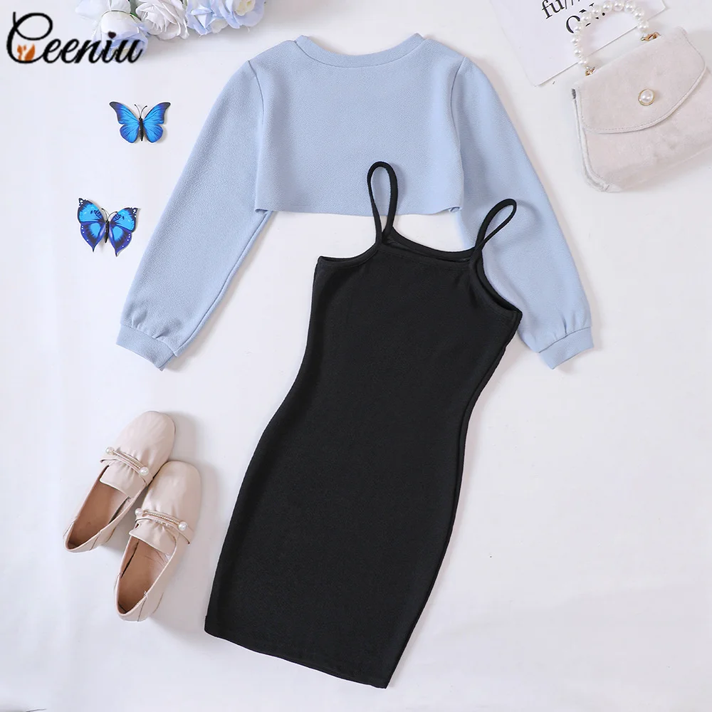 Ceeniu Spring Autumn Children Clothes Sets For Girls Blue Sweatshirt Top+Spaghetti Strap Butterfly Dresses Kids Clothes Girls