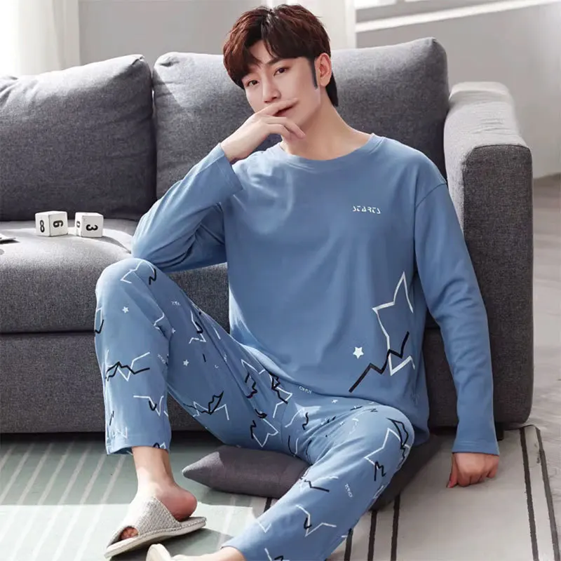 2PCS/Set Large Size Xl Men Pajamas Round Neck Long Sleeve Long Trousers Casual Cotton Homewear Easy to Clean School Pajamas Mam