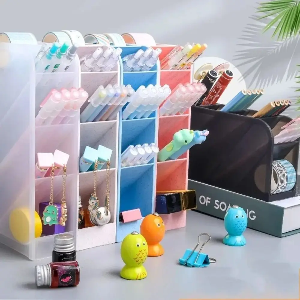 4 Grids Oblique Pen Holder Desk Stationery Storage Macaron Color Pencil Container Large Capacity INS Style Pen Storage Box Home