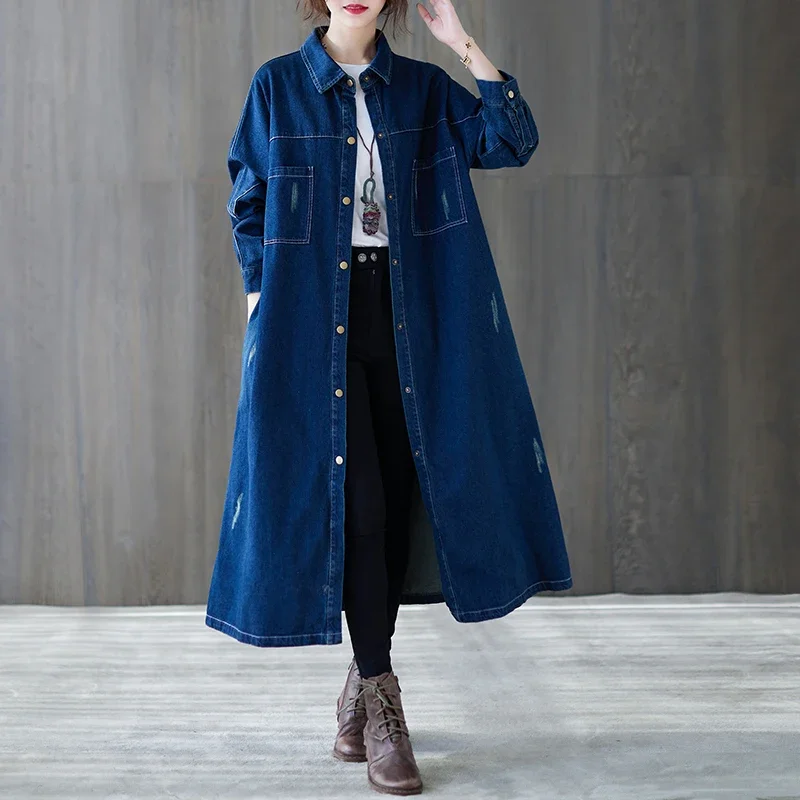 Women Fall Winter Long Denim Jacket Jean Turn Down Collar Pockets Korea Single Breasted Coat Thicken Warm Outerwear