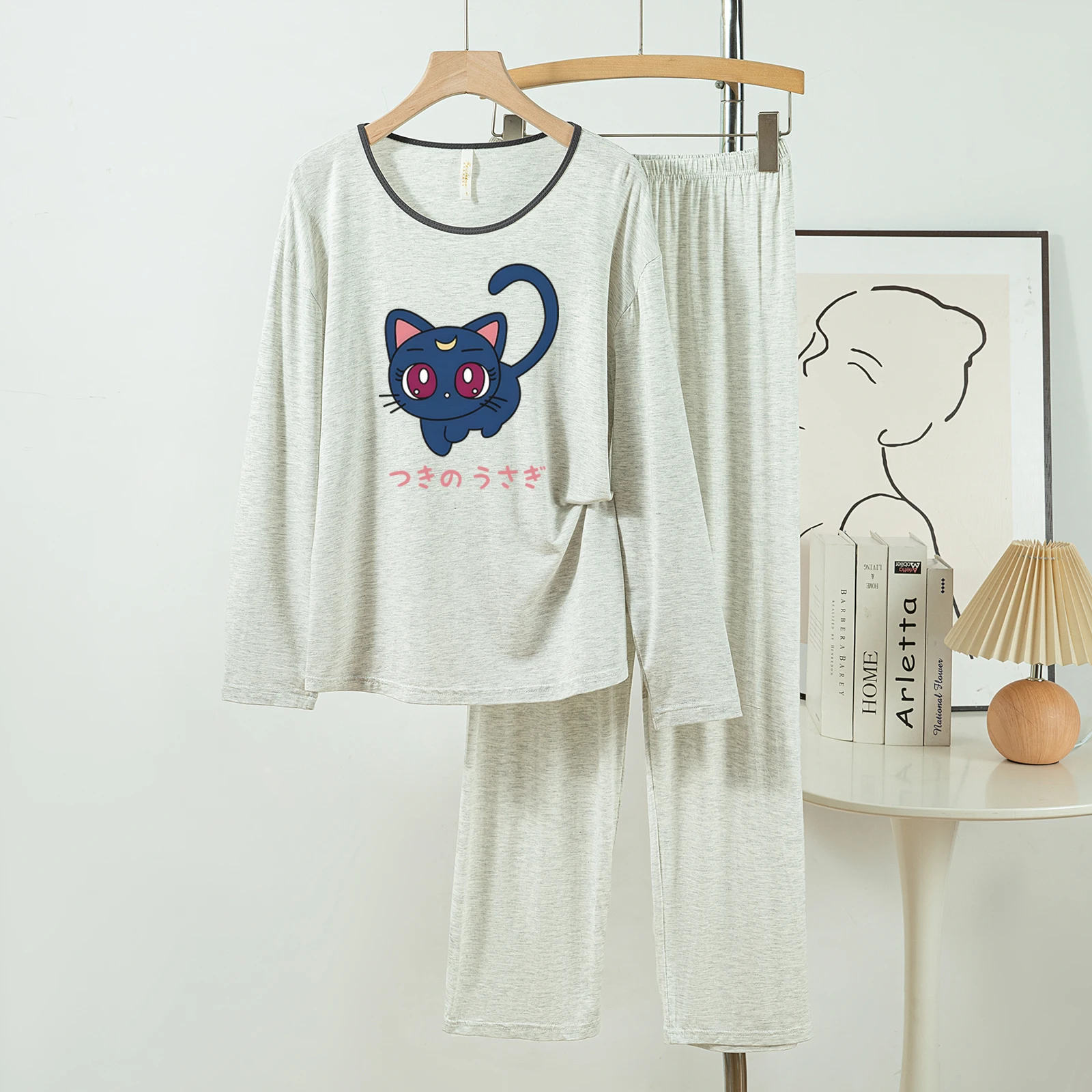 

5181-295 Casual and Comfortable Modal Cotton Pajamas for Women, New Spring and Autumn Long-Sleeved Long Pants Solid Color Casual