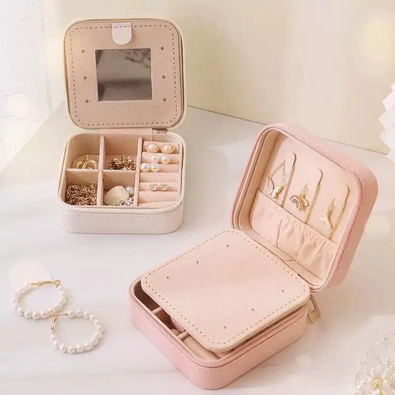 Compact Faux Leather Jewelry Storage Case, Portable Jewelry Organizer Box with Mirror, Ideal Gift for Women & Girls