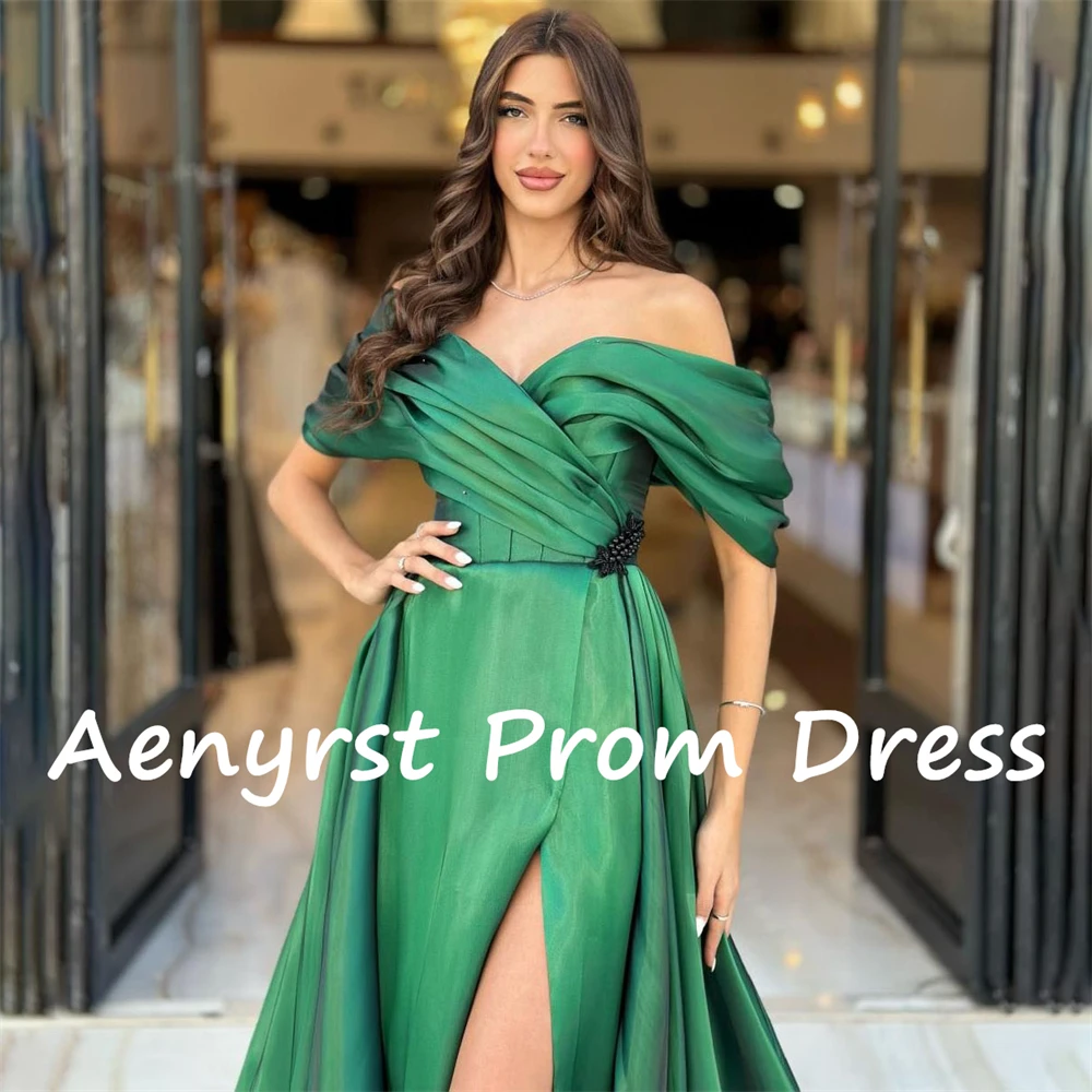 Aenyrst Elegant V Neck Off Shoulder Prom Dresses Satin A Line Split Evening Gowns Floor Length Party Dress Green فساتين السهرة