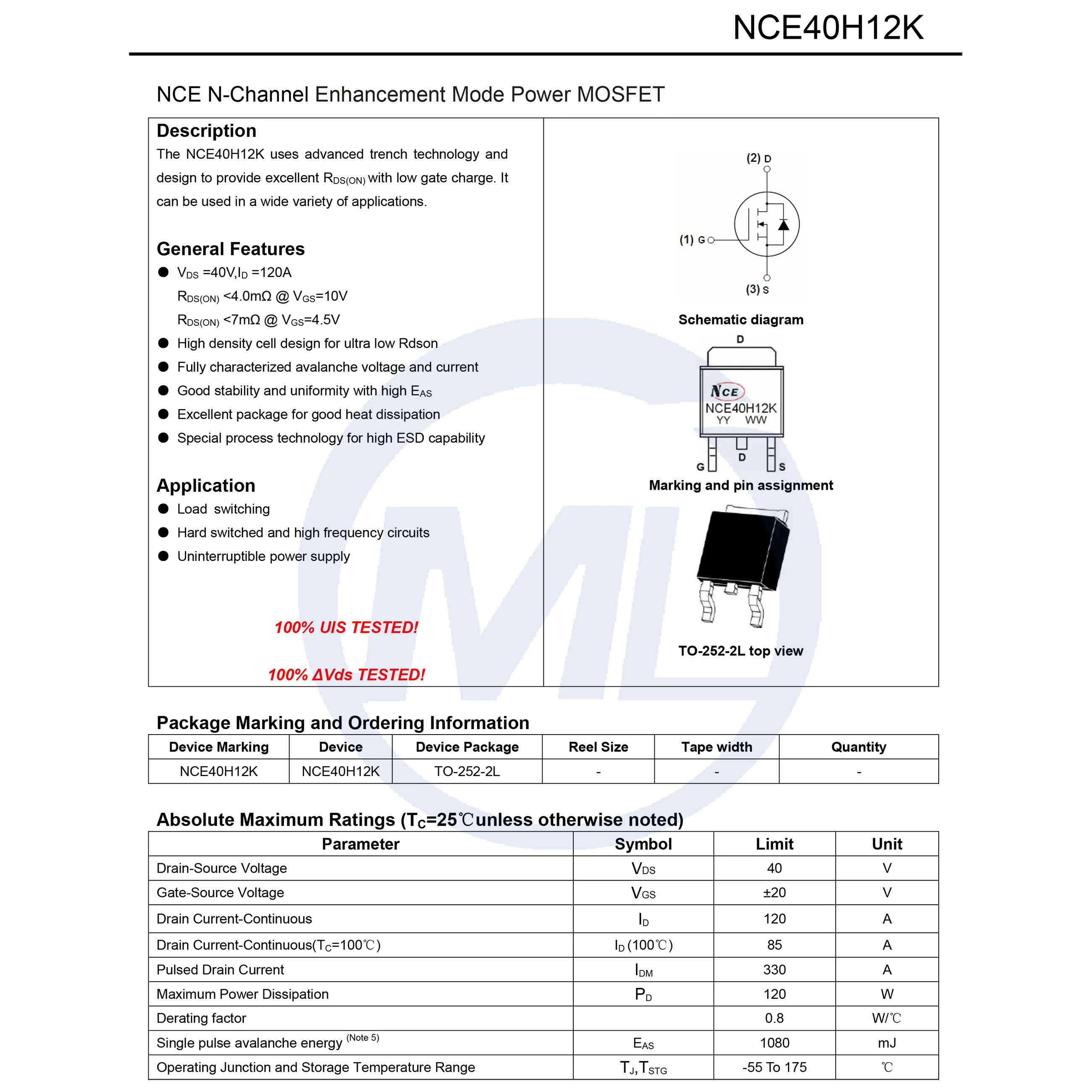 N-канальный силовой МОП-транзистор 40 В 120 А TO-252 NCE40H12K Совершенно новый